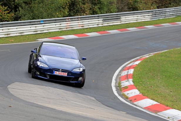A Tesla Model S at the Nuerburgring race track near Adenau
