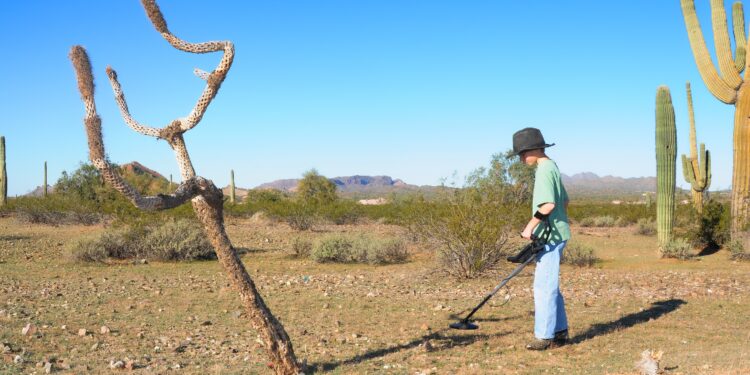 A boy searches the desert with a metal detector.