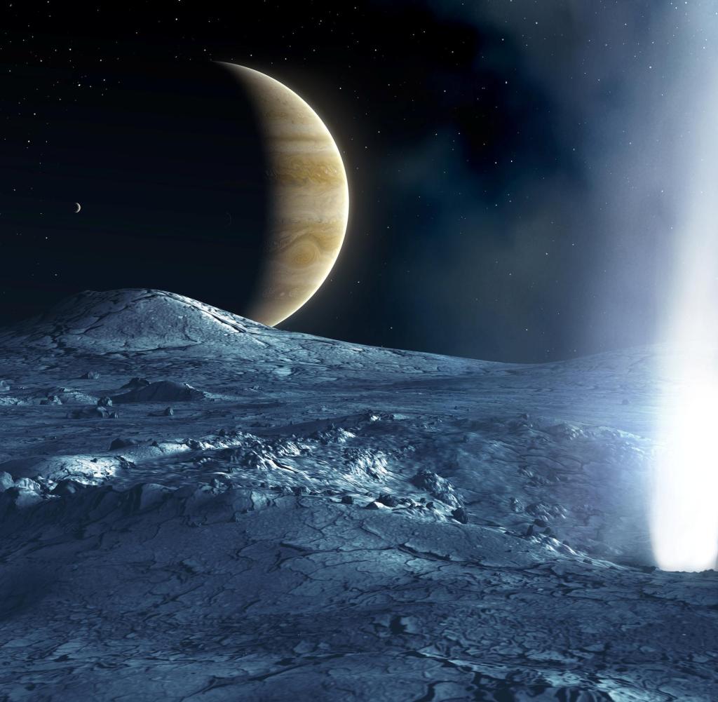 Geyser on Europe, illustration.  Europa is the smallest of Jupiter's four moons in Galilee, and the second closest to the planet.  Its surface is frosted and relatively smooth.  Affected meteorites cause the surface to thaw, allowing water to seep in before refreezing.  There is some evidence of large-scale movements of ice, possibly supported by a liquid mantle and driven by thermal processes within the Moon.  Glacial geysers were seen on this moon, as in this illustration - jets of water-rich matter spewing 200 kilometers into space.