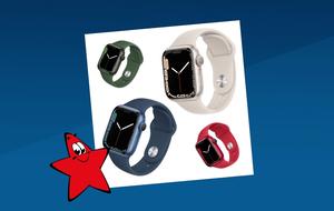Four Apple Watch Series 7 smartwatches in black, green, white, and red.