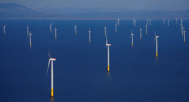 FILE PHOTO: A general view of Ørsted's offshore wind farm spanning the Walney run off the coast of Blackpool