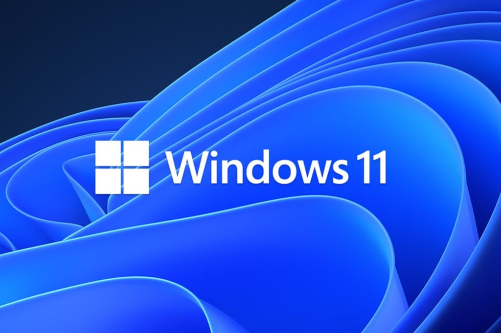 Blaue Form auf schwarzem Grund mit Windows 11 Logo