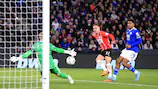 Leicester goalkeeper Kasper Schmeichel saves a shot from Mario Gotze