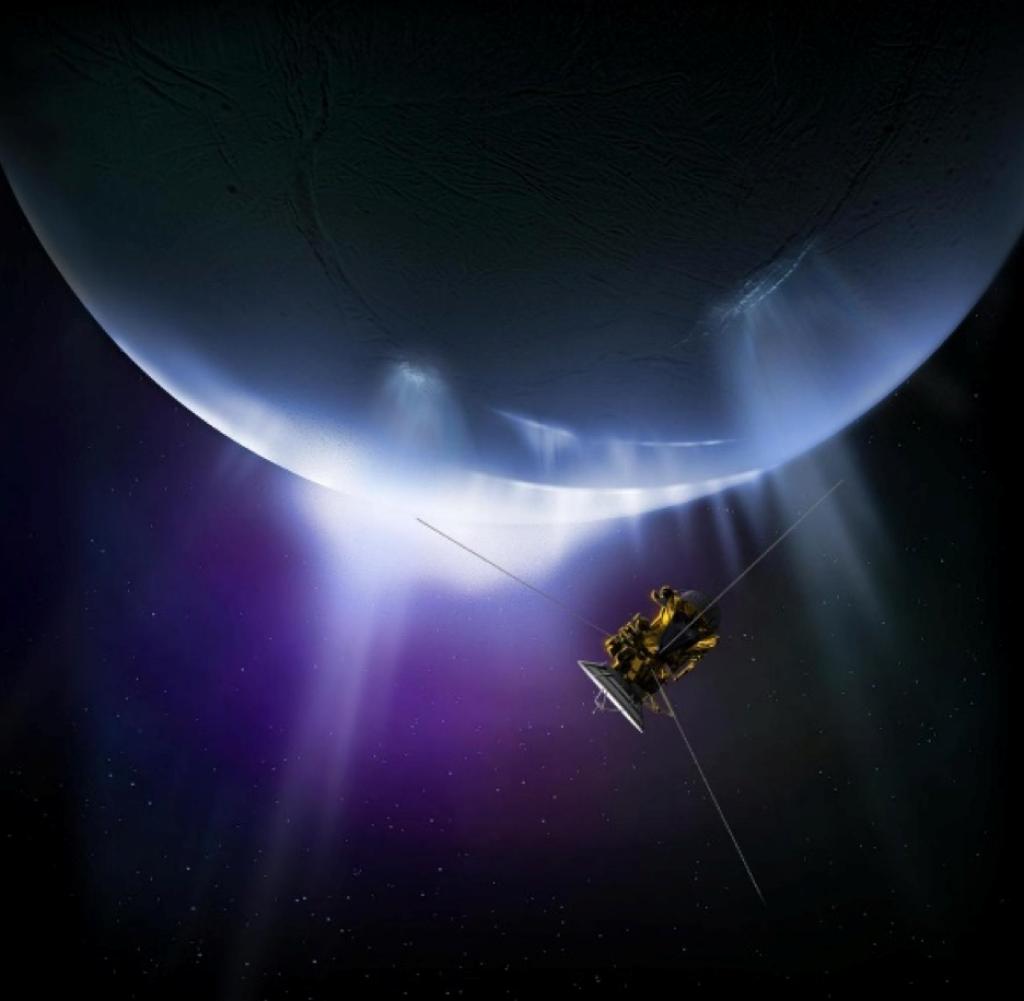 Ice fountains on Saturn's moon Enceladus as the Cassini spacecraft flyby (artist's impression)