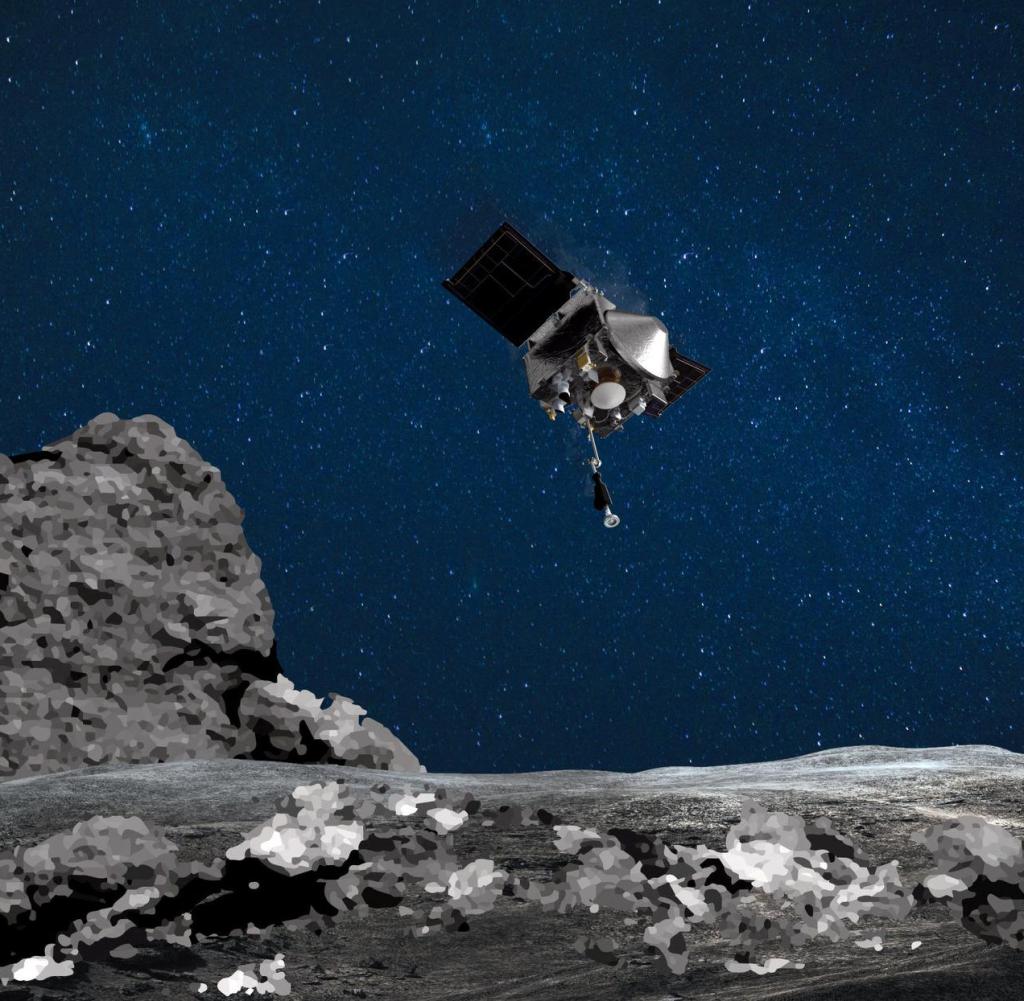 This image taken by NASA on August 11, 2020, shows an artist's view of the OSIRIS-REx spacecraft as it descends toward the asteroid Bennu to collect a sample from the asteroid's surface.  NASA's OSIRIS-REx is ready to land on the asteroid Bennu.  On August 11, 2020, the expedition will hold a rehearsal 
