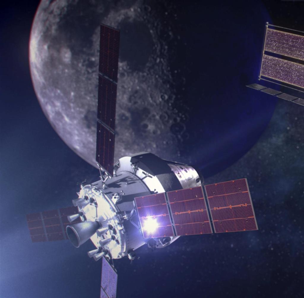 Illustration of the SpaceX Gateway space station in lunar orbit as the Artemis spacecraft approaches.  The portal will serve as a transfer station between the Orion spacecraft and the lunar lander on the Artemis missions to the moon.  NASA Administrator Bill Nelson announced on November 9, 2021 that the Artemis missions will continue with manned flight tests expected by 2024.