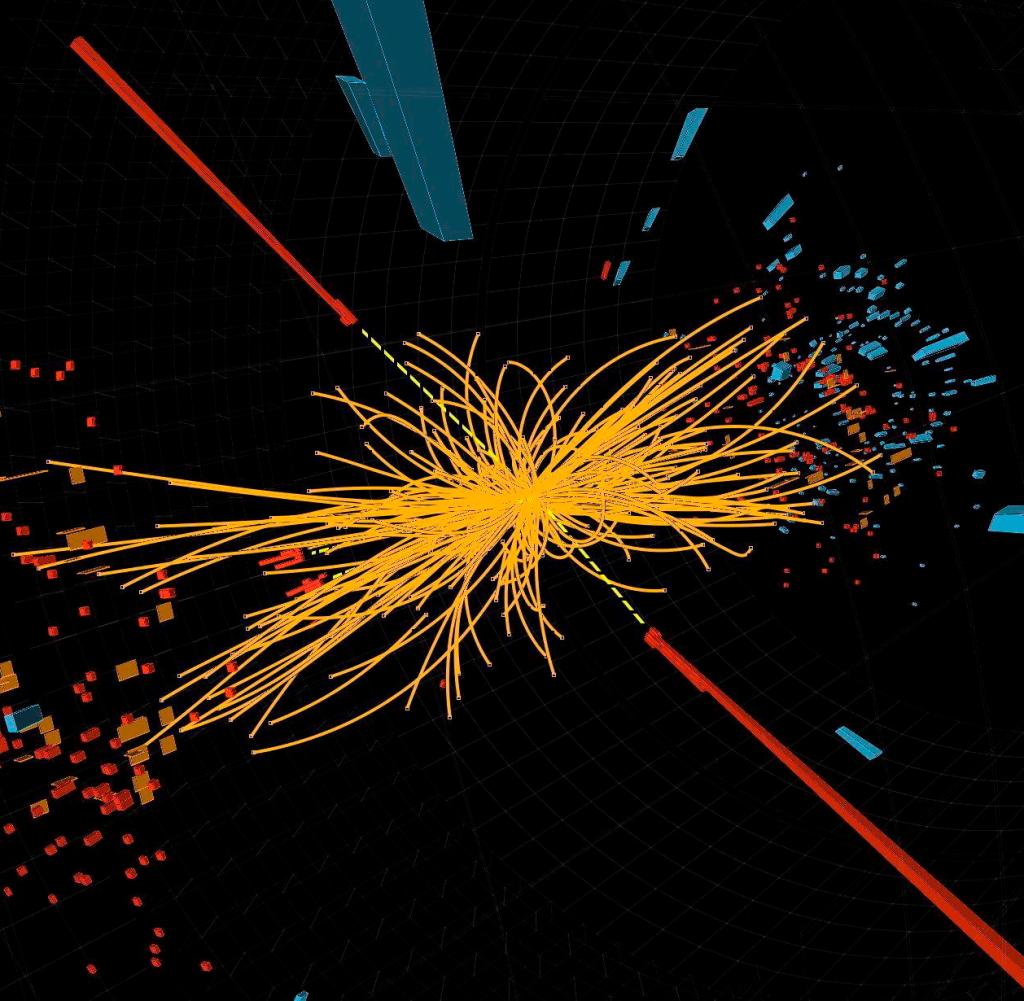 This image depicts the discovery of the Higgs boson on July 4, 2012 after the collision of two protons