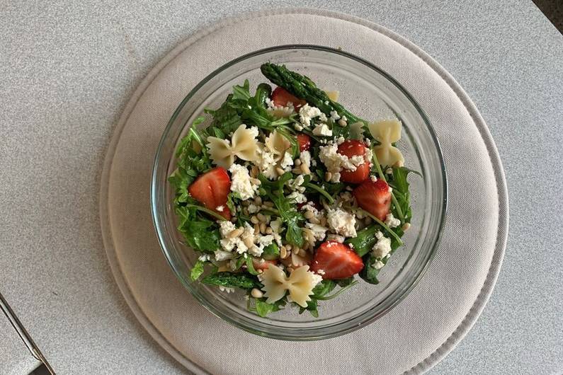 Strawberry pasta salad and asparagus recipe