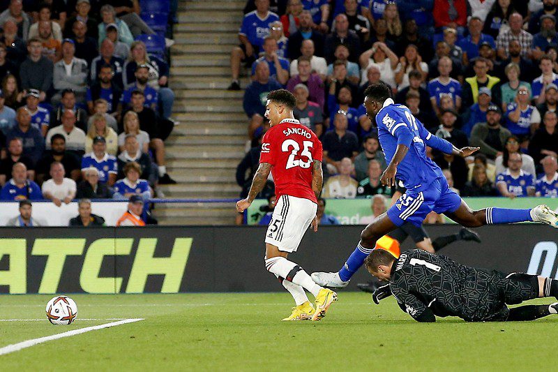 Jadon Sancho of Manchester United scores a goal against Leicester City