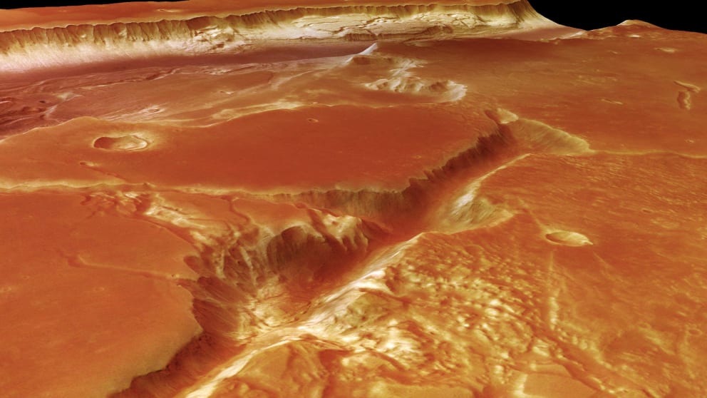 This image from the European spacecraft shows a giant ice valley on the Red Planet